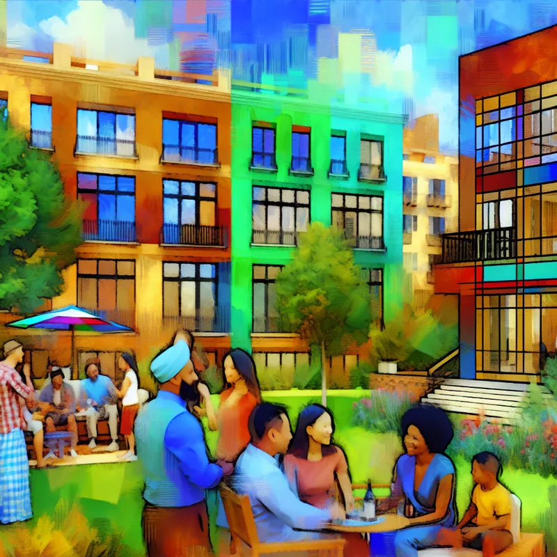 Moderne appartementengebouw met gezinnen en professionals die verschillende activiteiten ondernemen, zoals een tuinfeest en relaxen op balkons, in een levendige en kleurrijke setting.