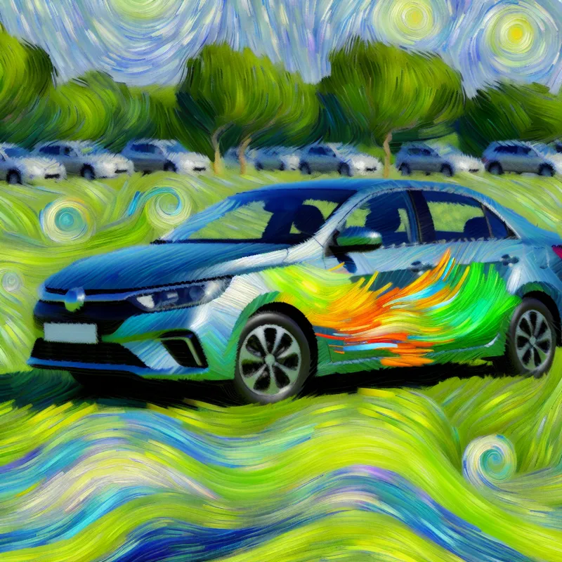 Kunstzinnige weergave van een moderne auto met levendige kleuren die lage brandstofconsumptie symboliseert, omgeven door een groene landschappen.