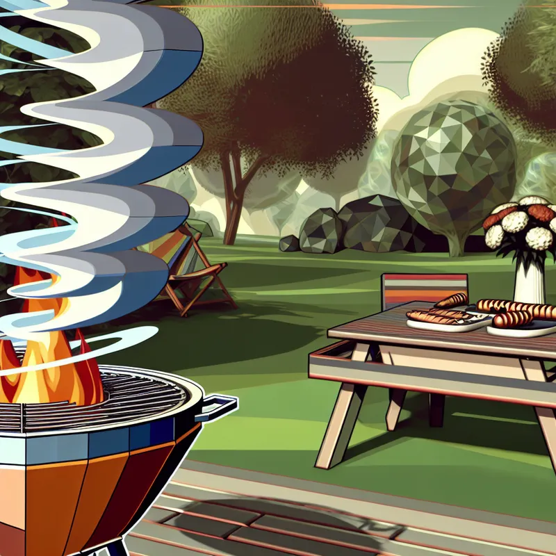 Moderne barbecue met vlammen en rook in een rustige tuinsetting