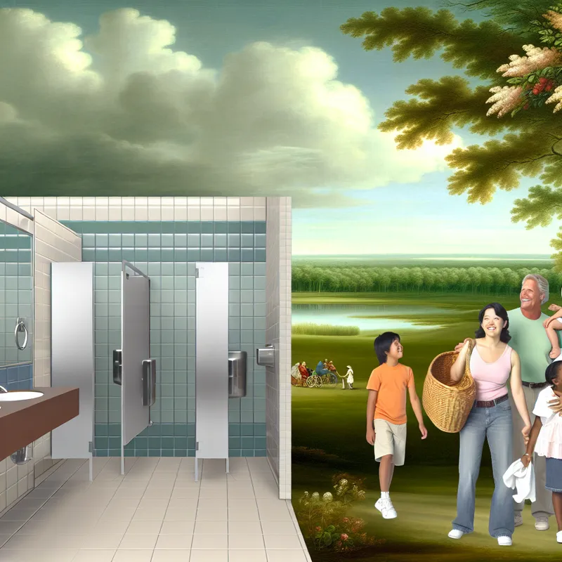 Een serene camping met moderne douches en toiletten, waar een gelukkige familie van kampeerders geniet.