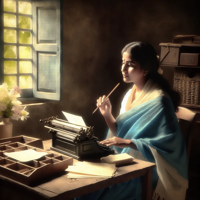 Een jonge vrouw zit aan een houten bureau en schrijft een e-mail op een oud computer. Licht valt door het raam en verlicht haar alerte gezicht.