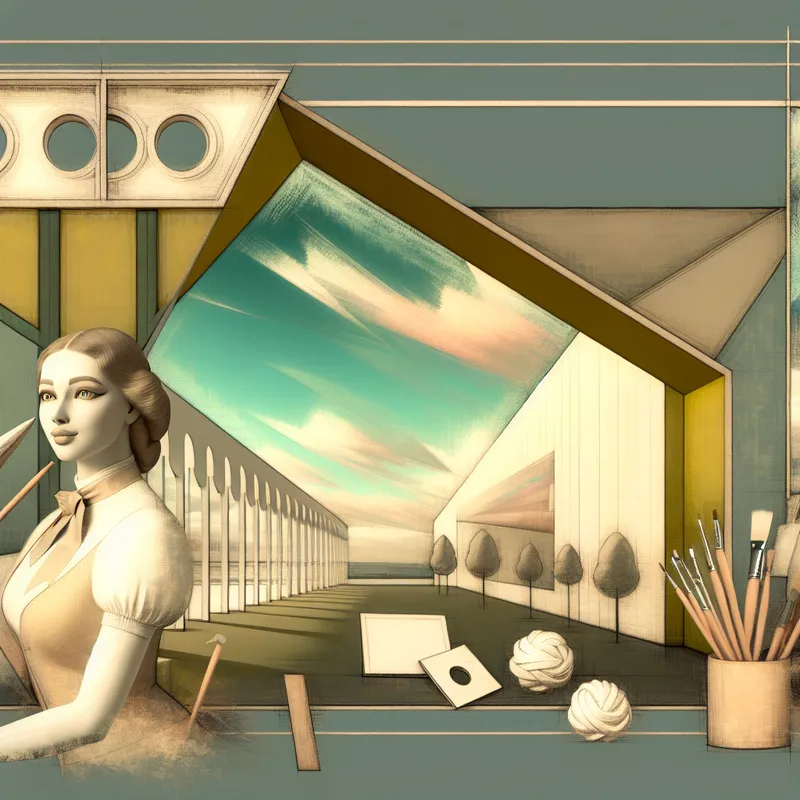 Een jonge vrouw in retro-futuristische stijl, elegant gekleed met artistieke elementen zoals kwasten en doeken, staande voor een geometrische achtergrond.