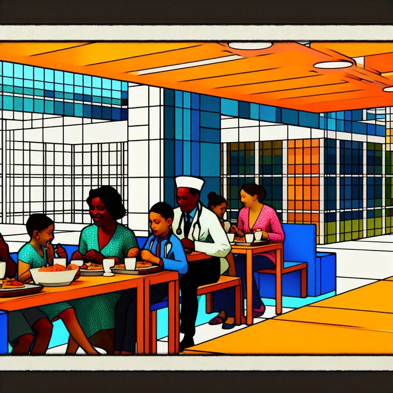 Gezin geniet van maaltijd in modern ziekenhuisrestaurant met retrofuturistische stijl, ontwerp van Jan van der Veken.