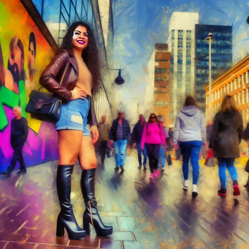 Jonge vrouw in trendy enkelhoge leren laarzen poseert voor een kleurrijke graffiti-muur in een drukke stedelijke omgeving.