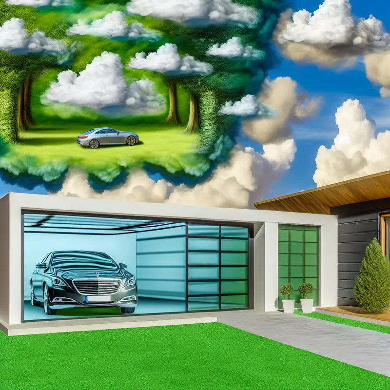 Hyper-realistische illustratie van een moderne garage met grote glazen deuren naast een strakke woning, met een auto zichtbaar binnenin.
