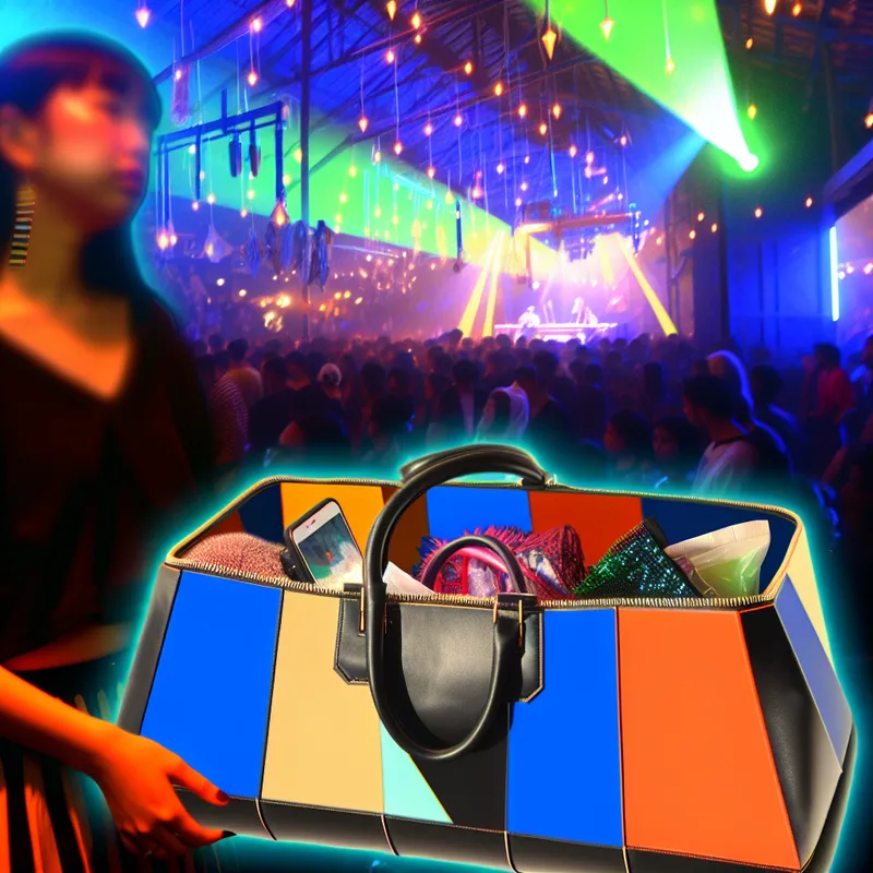 Een jonge vrouw houdt een kleurrijke, geometrische handtas vast op een concert, met persoonlijke spullen zichtbaar die uit de tas komen.