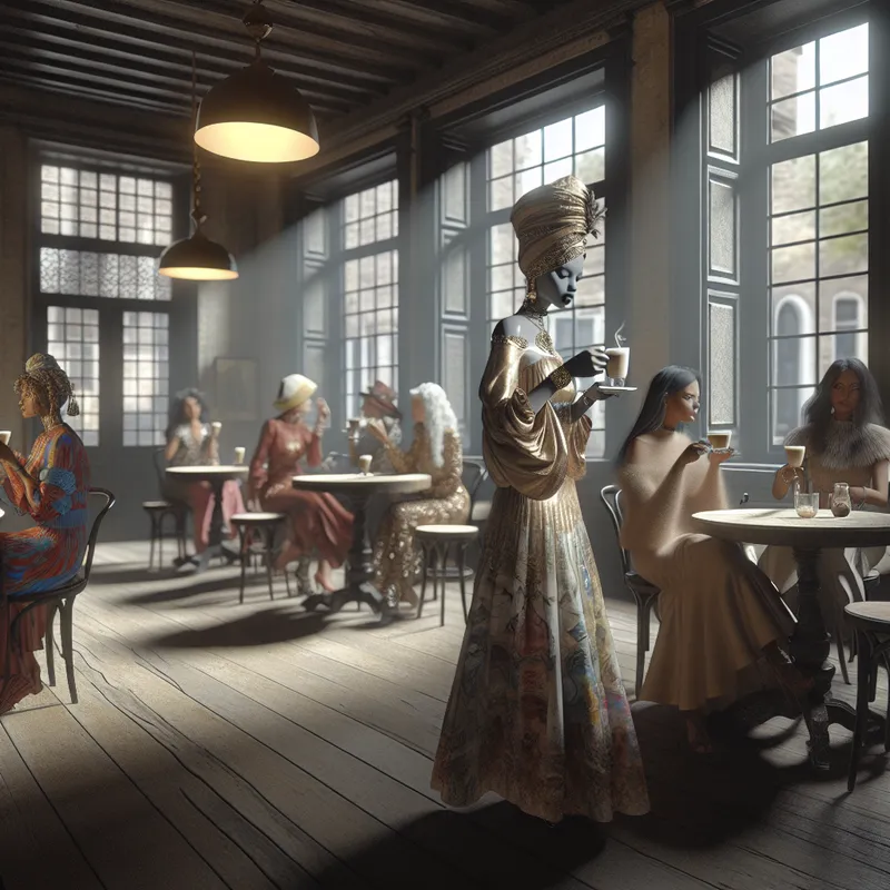 Stijlvolle café met elegant geklede klanten die koffie drinken