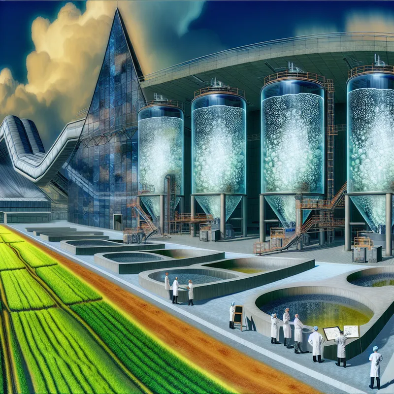 Hyper-realistische afbeelding van een moderne industriële faciliteit voor fermentatieprocessen met wetenschappers in labjassen en transparante tanks
