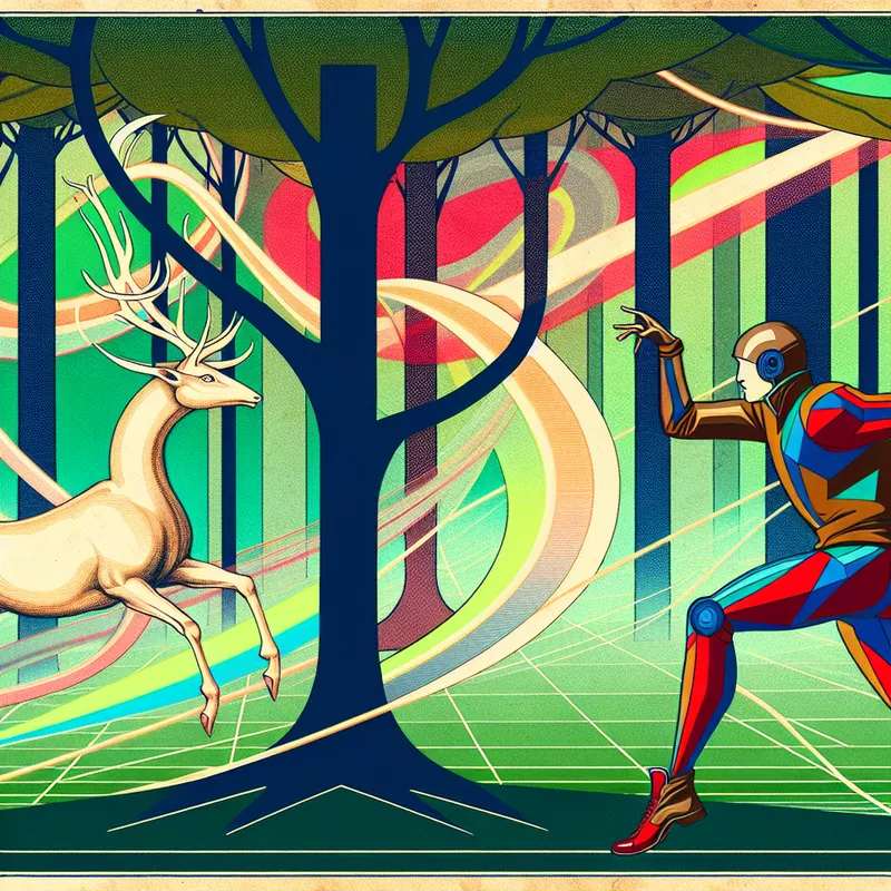 Een moderne jager in retro-futuristische kleding jagend op een sierlijke hert in een geometrisch bos.