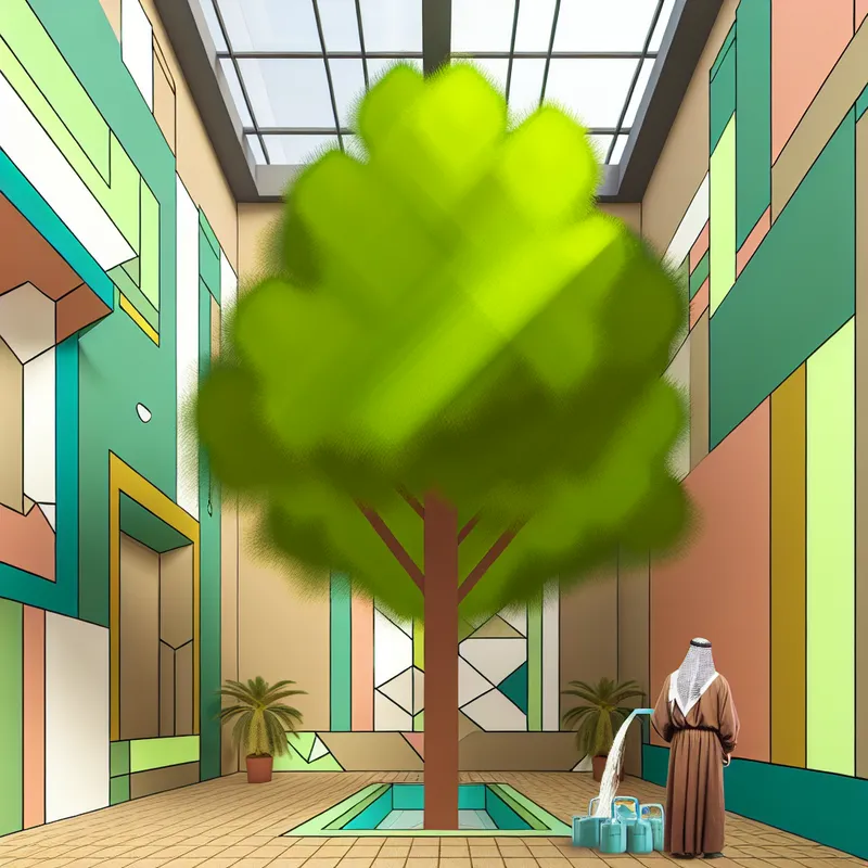 Een hoge, weelderige binnenboom reikt naar het plafond in een moderne ruimte met geometrische vormen.