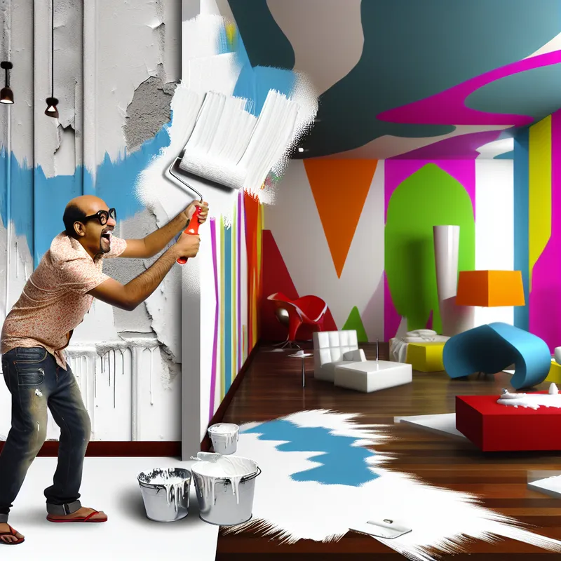 Een moderne kamer waar een persoon enthousiast een nieuwe, witte lak op de muren aanbrengt, met een contrast tussen de glanzende en ruwe oppervlakken.