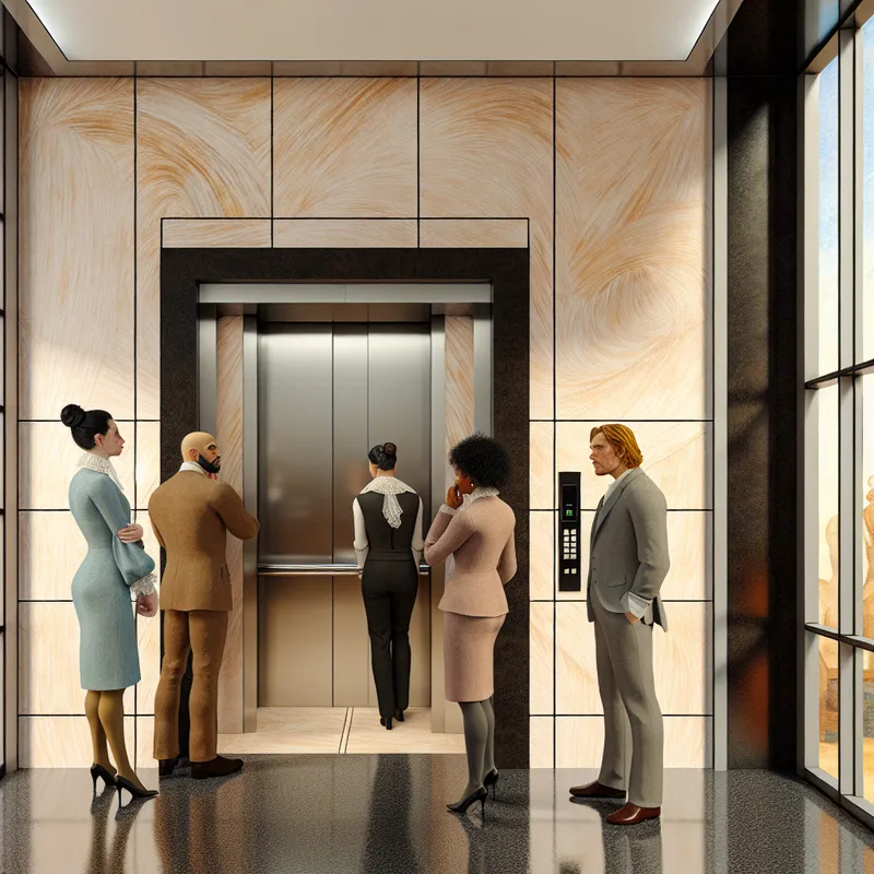 Een moderne kantoorinterieur met een kapotte lift en mensen die overwegen de trap te nemen.