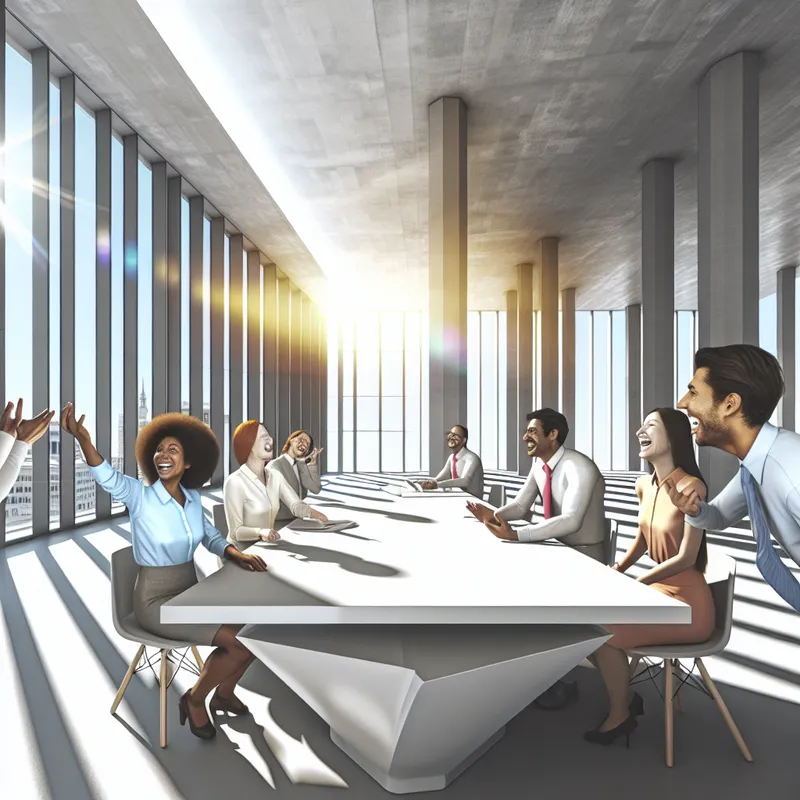 Een hyperrealistisch beeld van een moderne kantooromgeving met een diverse groep blije medewerkers die samenwerken aan een conference tafel.