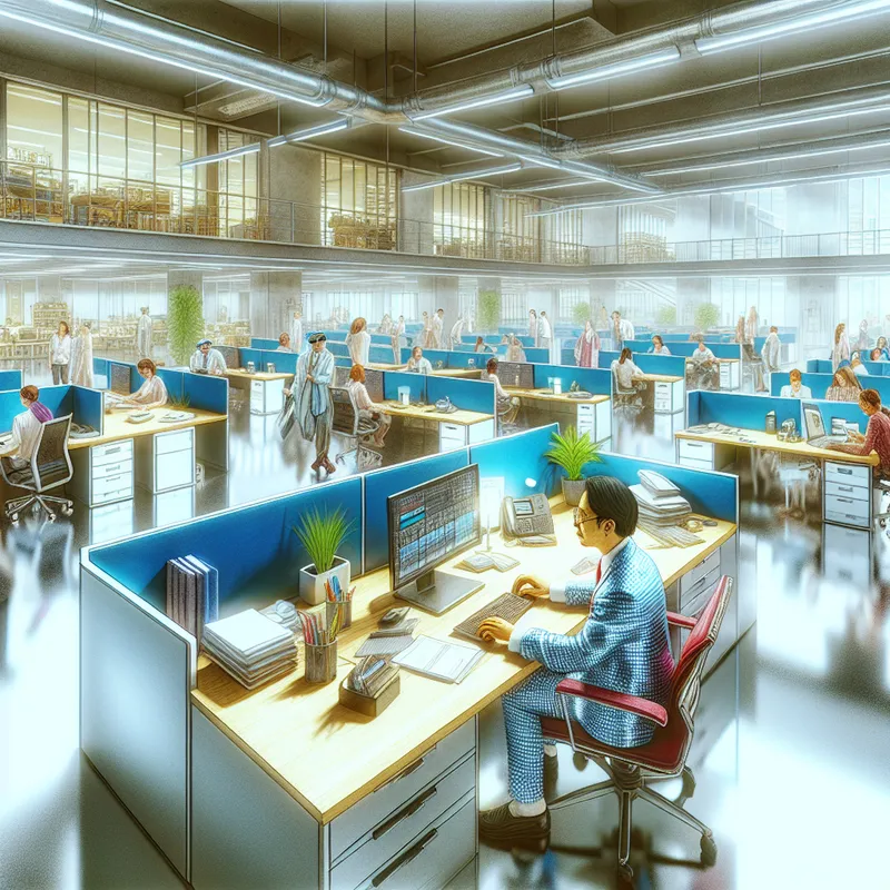 Man in business suit working at a desk in a modern open-plan office