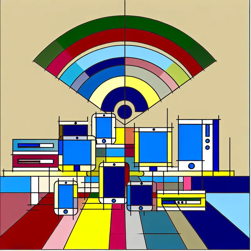 Een kleurrijke minimalistische illustratie van een modern kantoor met verbonden computers en apparaten, weergegeven met levendige lijnen.