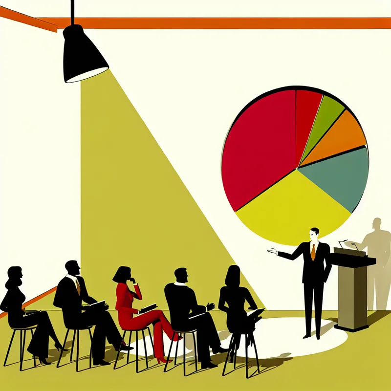 Groep mensen in moderne kantoorvergadering met spreker die een kleurrijke taartdiagram aanwijst