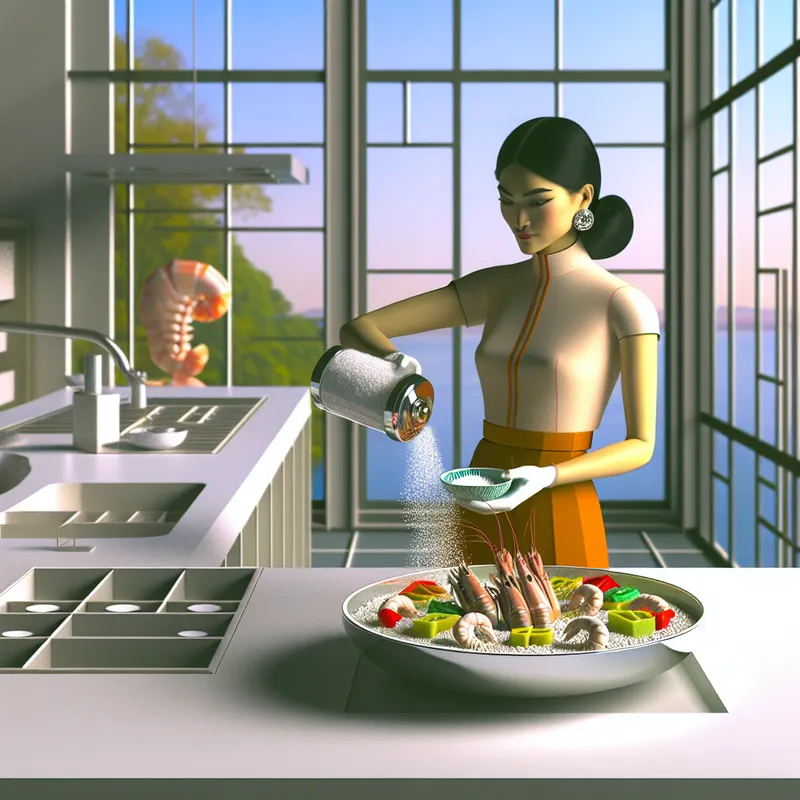 Een chef voegt zeezout toe aan een levendig gerecht in een moderne keuken met retro-futuristisch design.