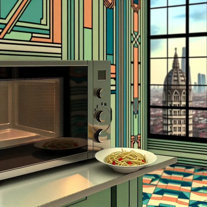 Moderne keuken met een stijlvolle magnetron, geometrische patronen op de muren en een stadsskyline op de achtergrond.