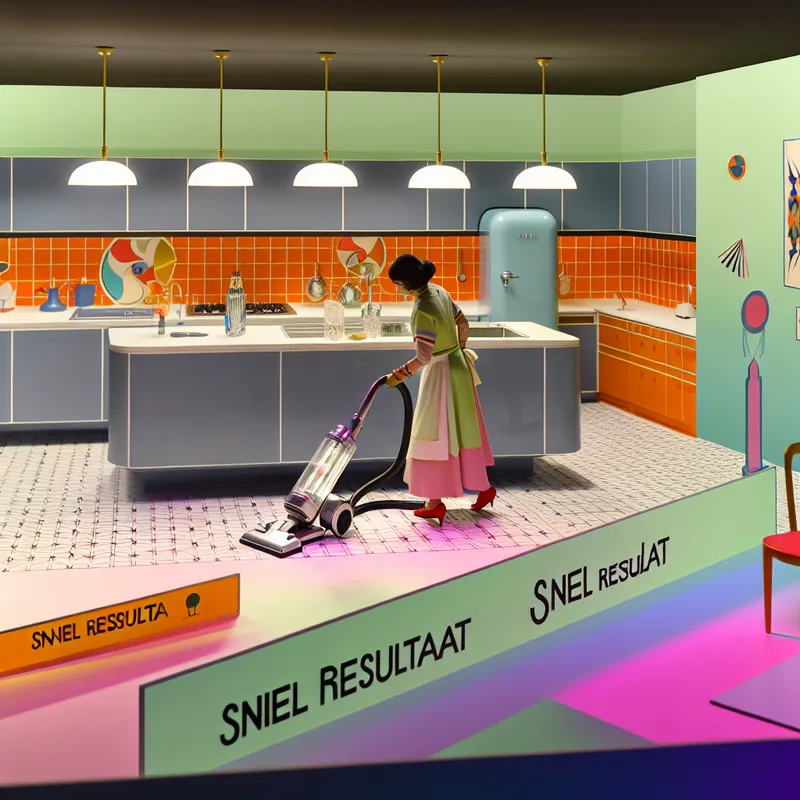 Moderne keuken met retro-futuristisch ontwerp en een persoon die enthousiast stofzuigt met een stijlvolle stofzuiger.