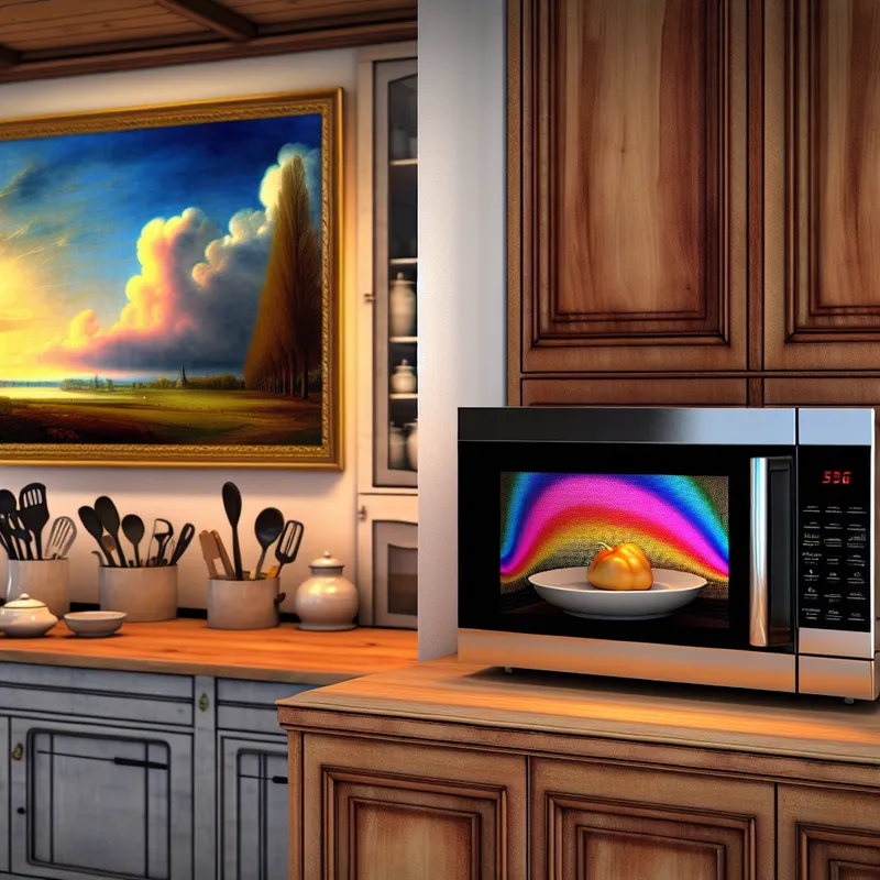 Modern magnetron op een aanrecht met een bord voedsel binnenin, verwarmd door microgolven.