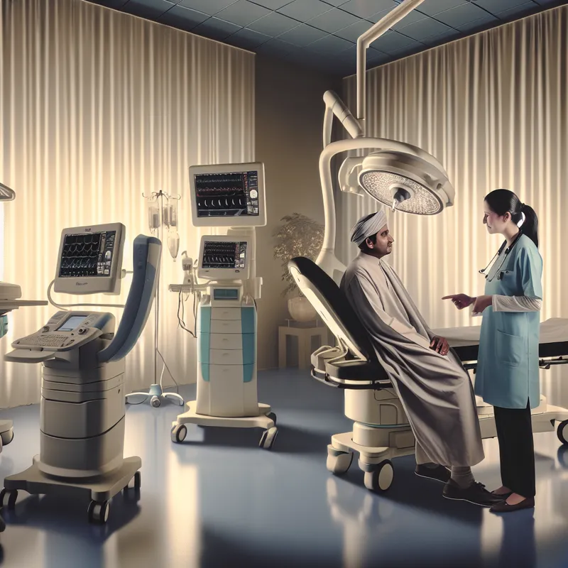 Een arts die interactie heeft met een patiënt in een elegant verlichte ziekenhuiskamer met geavanceerde medische apparatuur.