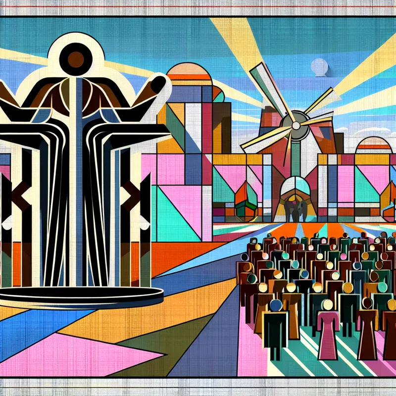 Een moderne illustratie van een groot kunstig muurschildering met een prominente figuur die een invloedrijke kunstenaar in de Nederlandse samenleving symboliseert, omringd door geometrische vormen.