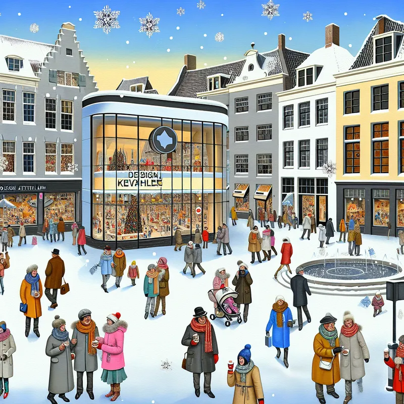 Modern ontwerpwinkel in een levendige winterse stad, met het bord 'Designartikelen' en vrolijke kopers.