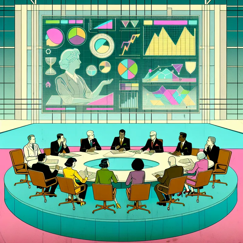 Een moderne rechtszaal met diverse wetenschappers en juridische experts rond een tafel vol documenten en digitale tablets, terwijl ze gefocust debatteren. Boven hen een groot transparant scherm met gegevens en grafieken.