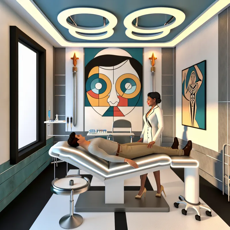 Een moderne behandelkamer met retro-futuristische elementen en een arts in eigentijdse kleding die met een patiënt overlegt.