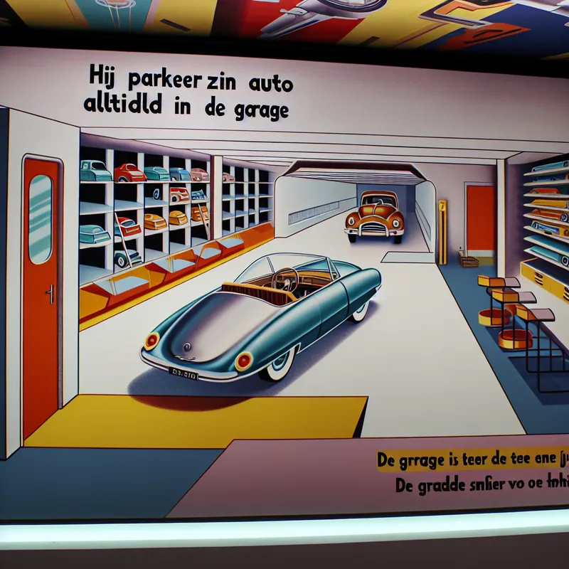 Een moderne retro-futuristische garage met een schone interieur en een auto die wordt geparkeerd.