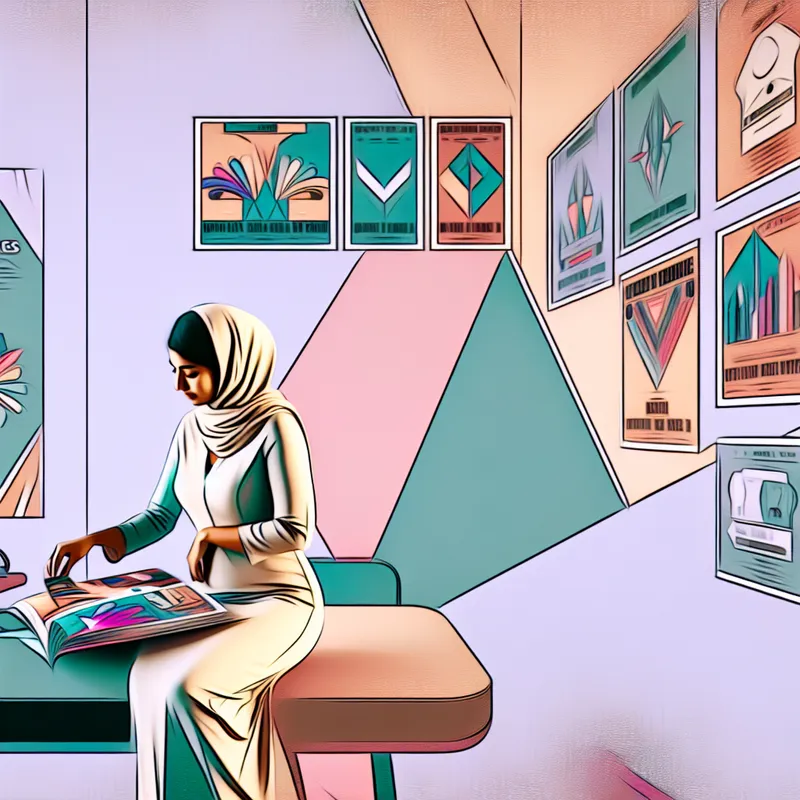 Jonge vrouw aan een minimalistisch bureau, bekijkt een kleurrijke brochure over een cursus, met retro-futuristische elementen op de achtergrond.