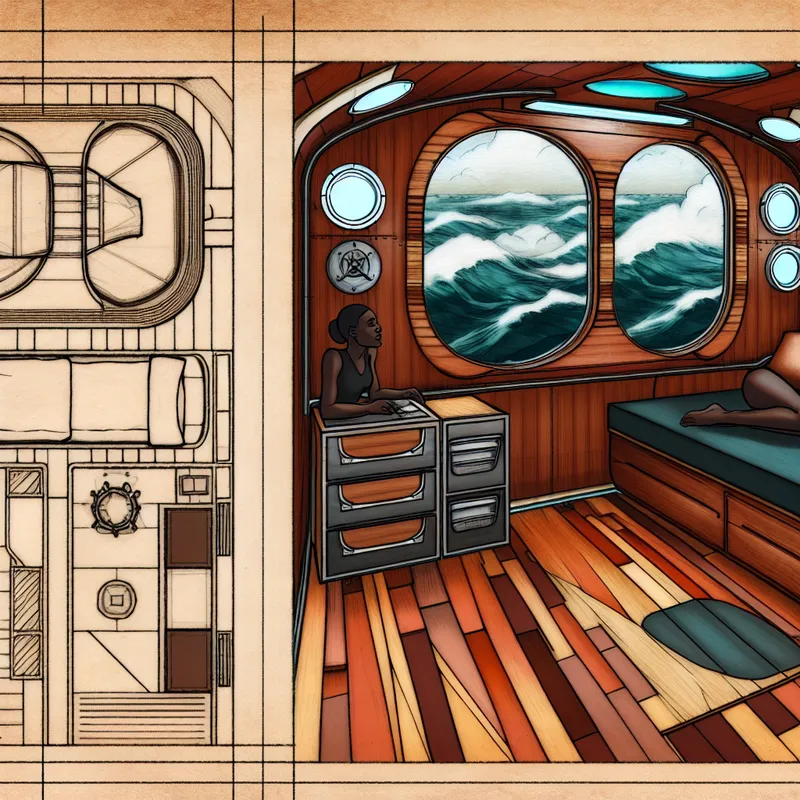 Modern retro-futuristic kajuit voor bemanning met een slaapplaats, waarbij een porthole de oceaan toont.