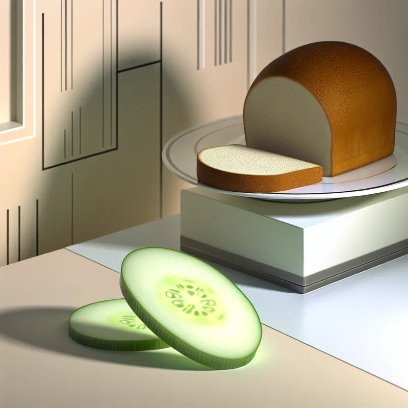 Een moderne retro-futuristische keuken met vers gebakken brood en een gesneden komkommer op een schoon aanrecht.