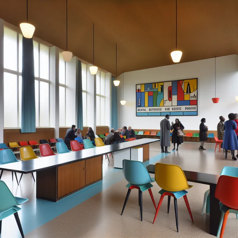 Een moderne retro-futuristische paruur in een gemeenschapshuis, met een lang rechthoekig tafel en kleurrijke stoelen, waar diverse mensen samenkomen voor gesprekken.