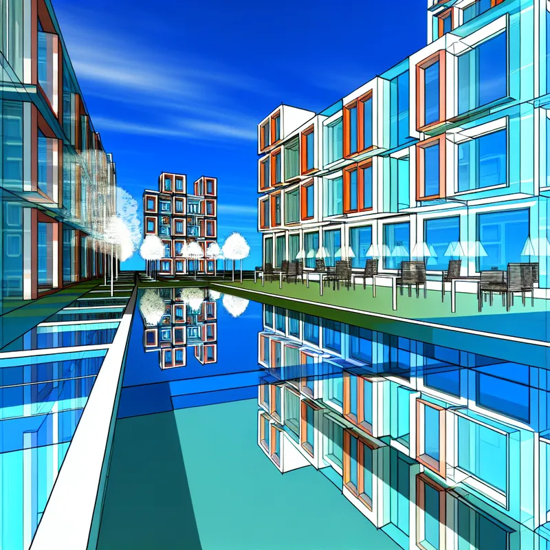 Moderne flats met grote ramen en geometrische vormen in een levendige stedelijke omgeving