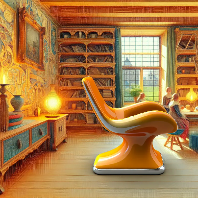 Een moderne, stijlvolle stoel in een gezellige ruimte vol boeken, planten en warm licht, omringd door mensen in gesprek.