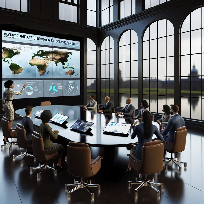 Moderne vergaderruimte met zakenmensen die discussiëren over klimaatverandering en Covid-19