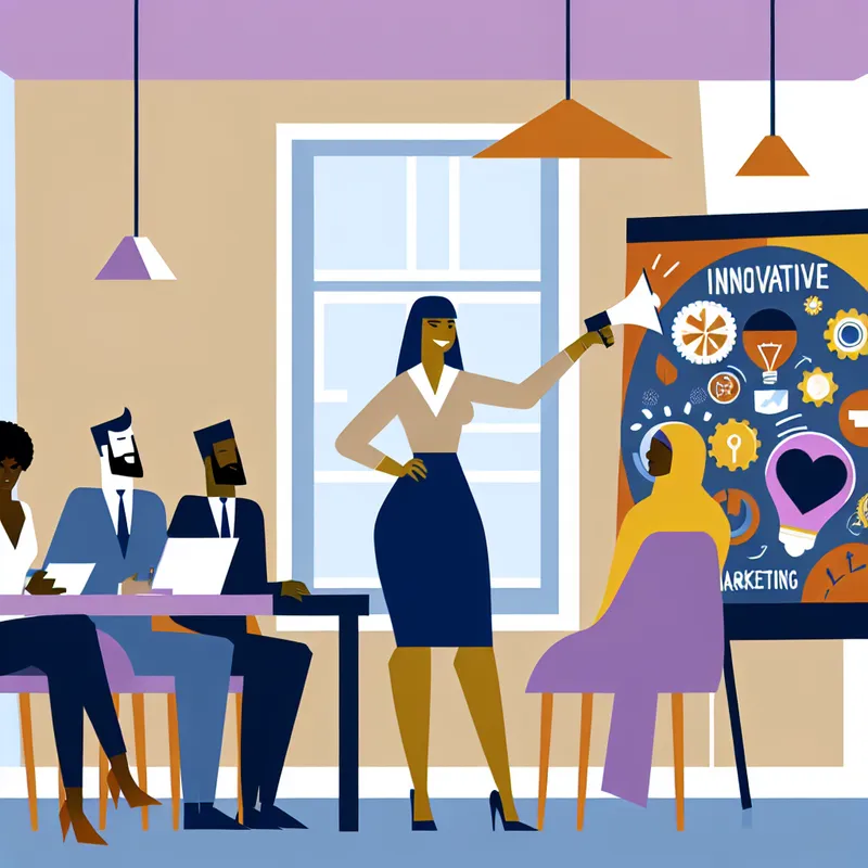 Minimalistisch ontworpen vergaderruimte met een persoon die een idee presenteert met een kleurrijke poster.