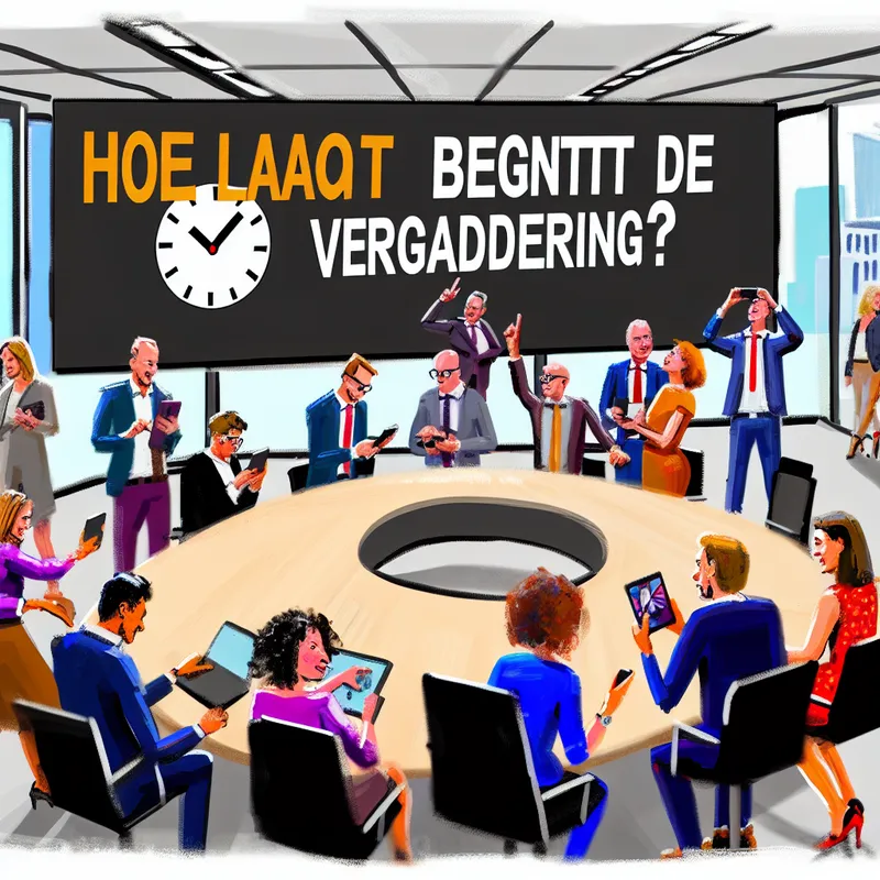 Een moderne vergaderruimte met mensen die op een klok of telefoon kijken, met de vraag 'Hoe laat begint de vergadering?' op een scherm.