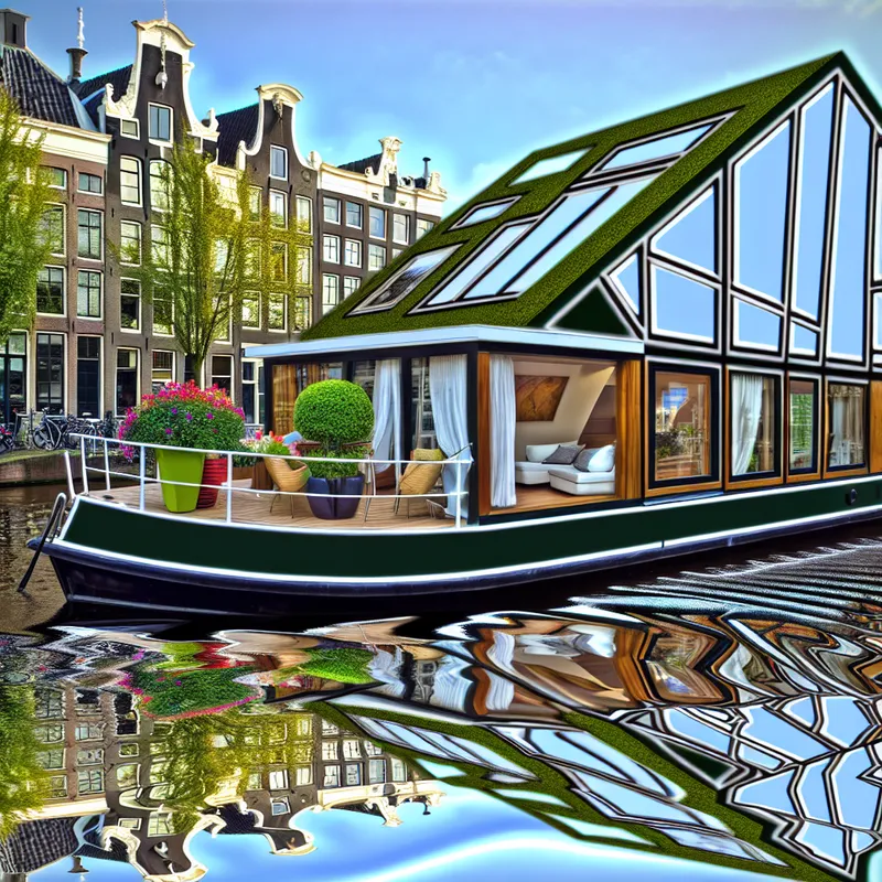 Luxueuze huisboot in Amsterdam met grote ramen, groene planten op het dek en kleurrijke bloemen