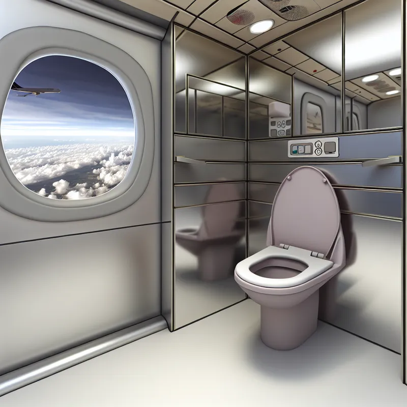 Moderne vliegtuigbadkamer met toilet en spiegel