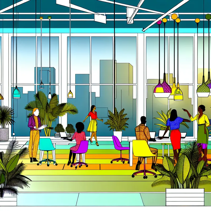 Illustratie van een modern kantoor met een stijlvolle opstelling, actieve samenwerking en een levendige stadsachtergrond.