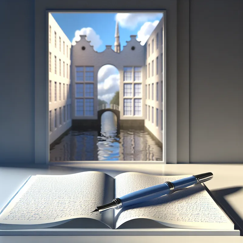 Hyper-realistisch beeld van een modern bureau met een blauwe pen boven een open notitieboek, gefilterd licht en surrealistische achtergrond.