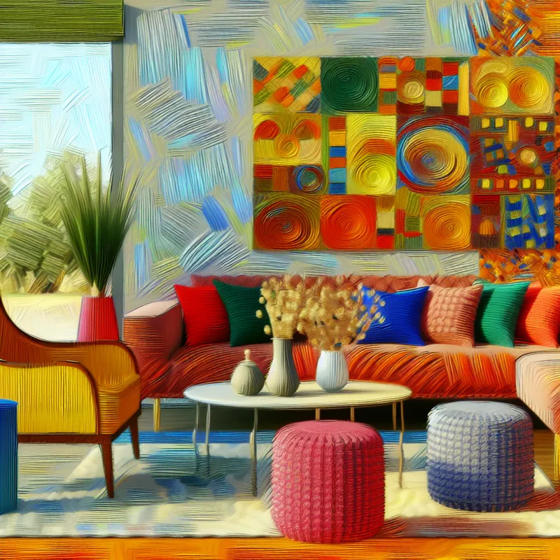 Gezellige moderne woonkamer met kleur harmonieuze inrichting, zonlicht en diverse texturen.