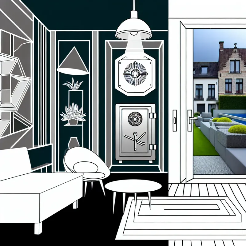 Moderne woonkamer met retro-futuristisch ontwerp en een grote kluis naast een raam met uitzicht op een rustige buurt.