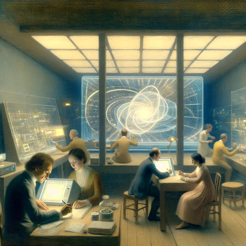 Een moderne workshop waar een diverse groep mensen samenwerkt aan innovatieve technologieprojecten, met een futurisch digitaal scherm en een persoon die ideeën schetst op een nietepad.