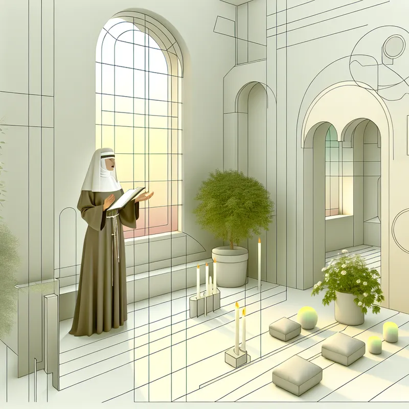 Een moderne, retro-futuristische scène met een zuster die in een minimalistische kapel gebeden leidt, omringd door geometrische vormen en natuurlijke elementen.