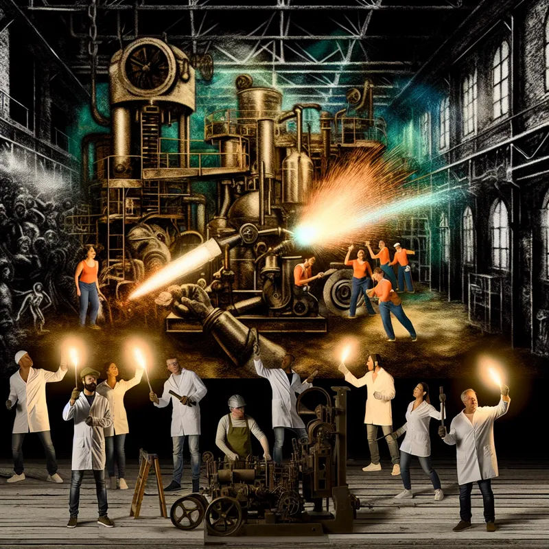 Een groep diverse arbeiders moderniseert een oude fabriek, met heldere vonken en een mix van oude en nieuwe machines.