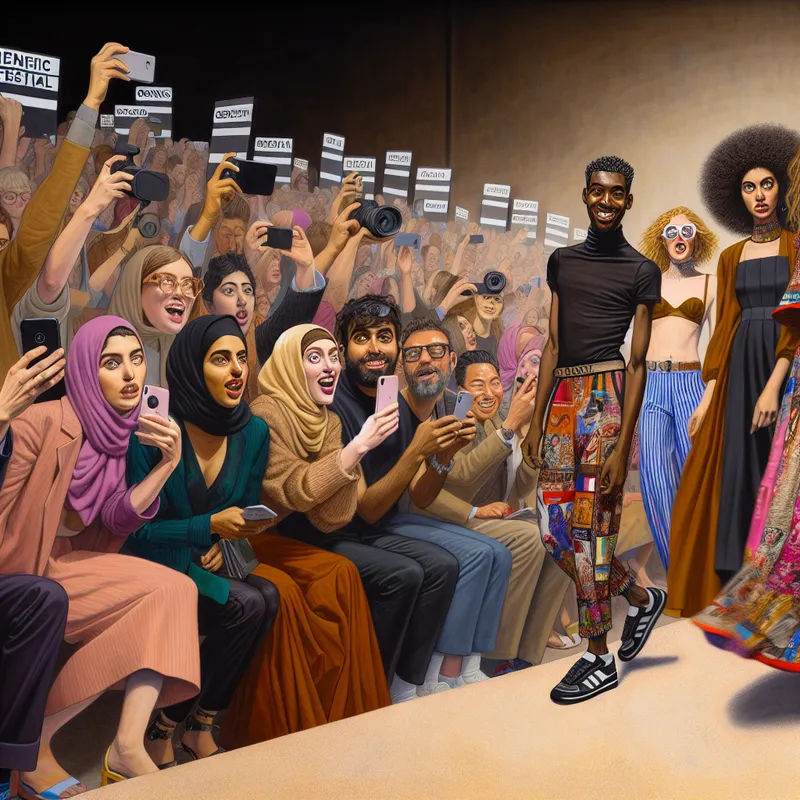 Drukke modeweek met modellen in gedurfde outfits op de catwalk, omringd door een enthousiast publiek dat foto's neemt.