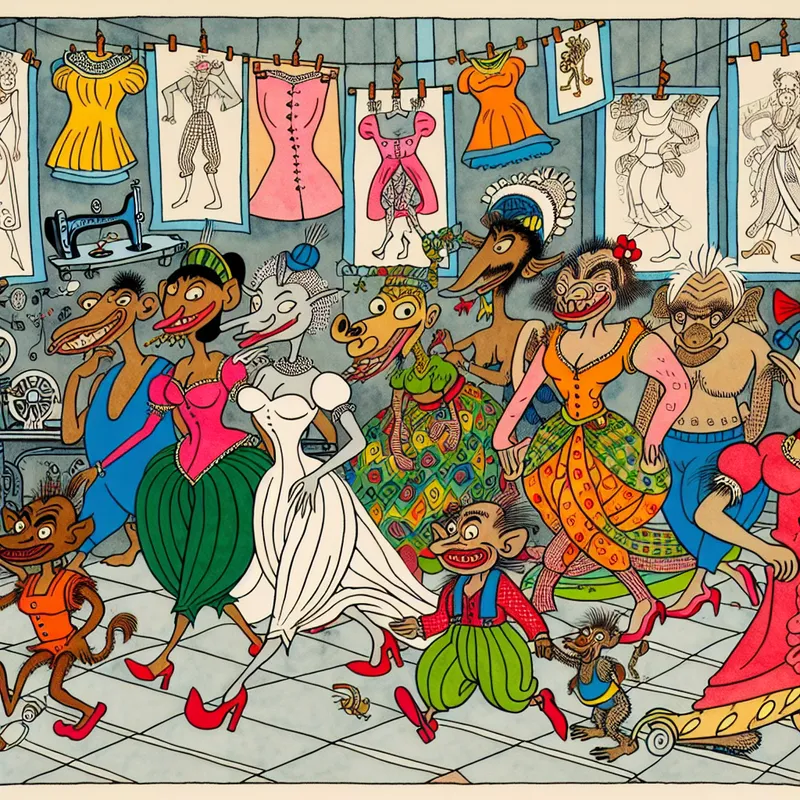 Speelse cartoon van een levendige modewereld met antropomorfe dieren en mensen in extravagante outfits op een catwalk, omringd door naaimachines, stoffen en schetsen